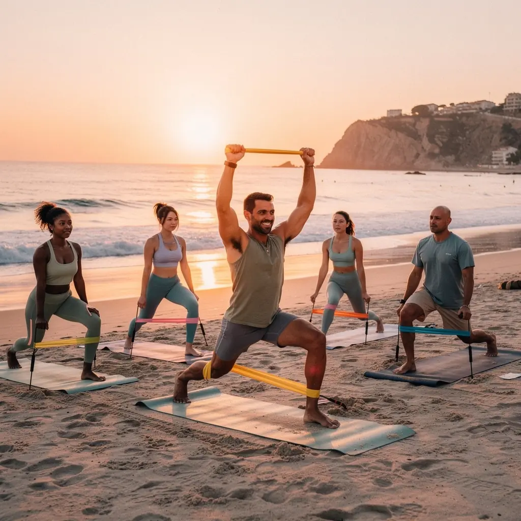 Grupo de practicantes de yoga en un estudio, ejecutando ejercicios de resistencia para mejorar la definición muscular.