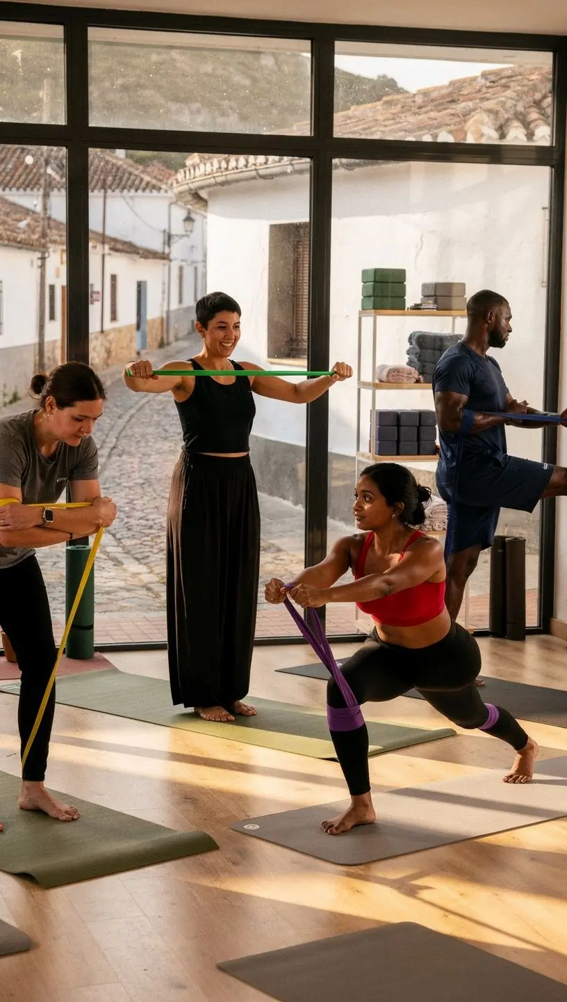 Instructora guiando a los participantes en una serie de movimientos de yoga que promueven la fuerza y el equilibrio.