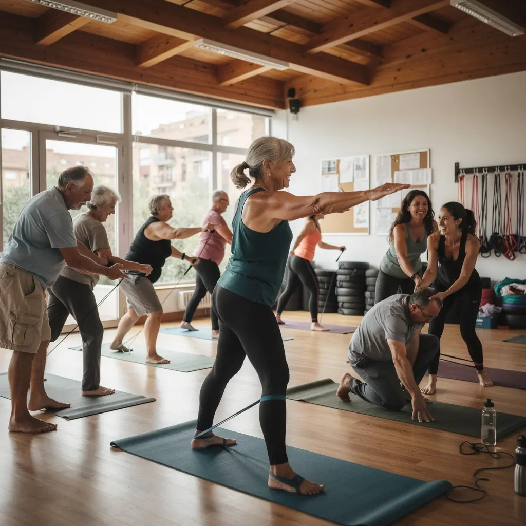 Grupo de personas en una clase de yoga, enfocándose en ejercicios de fuerza y resistencia para construir músculo.